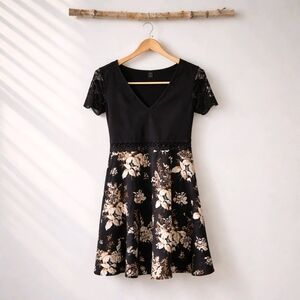 Black Floral Lace-Trim Fit & Flare Dress Size S